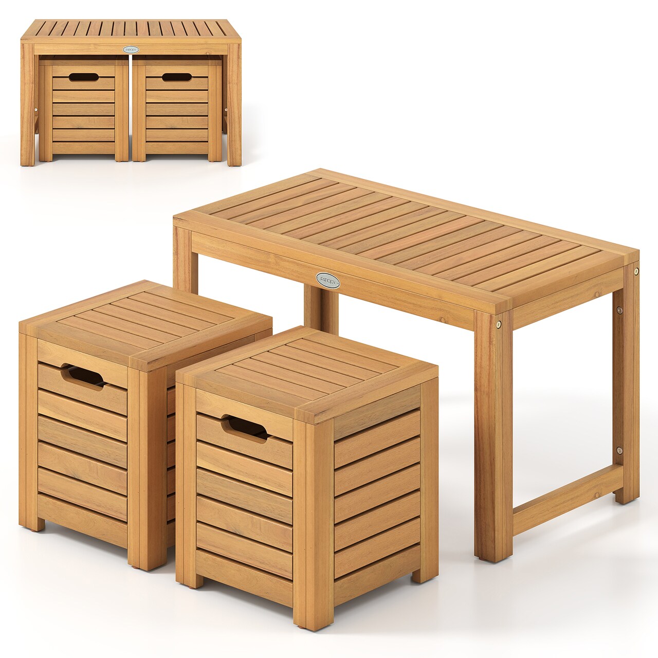 Patio 3-Piece Coffee Table and Stools Set Acacia Wood Outdoor